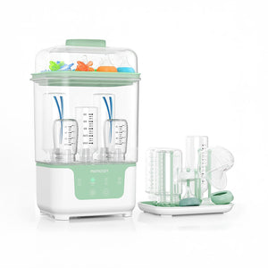 Esterilizador compacto Momcozy 4 en 1 para mamaderas, vista principal sobre mesón de cocina