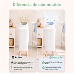 Diferencia de olor con desodorizante Momcozy — antes y después en el contenedor de pañales Triple-Seal