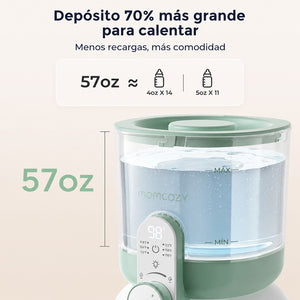 Display digital del dispensador Momcozy mostrando temperatura del agua para mamadera
