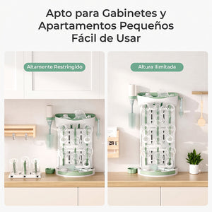 Escurridor Momcozy con crecimiento ilimitado en altura — cabe bajo gabinetes, a diferencia de secadores de mamaderas planos