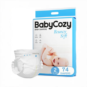 Pack pañales desechables Babycozy Talla 2 (5,4–8,2 kg) — 74 unidades hipoalergénicos sin parabenos para piel sensible
