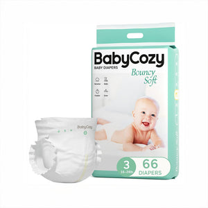 Pack pañales desechables Babycozy Talla 3 (7,3–12,7 kg) — 66 unidades hipoalergénicos sin cloro ni aditivos