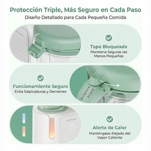 Protección triple del procesador Momcozy AutoMeal — tapa bloqueada, funcionamiento anti-salpicaduras y alerta de calor para mayor seguridad