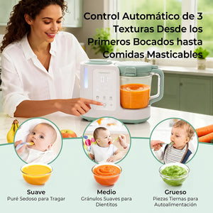3 texturas automáticas del procesador Momcozy AutoMeal — suave, medio y grueso para cada etapa de la alimentación complementaria