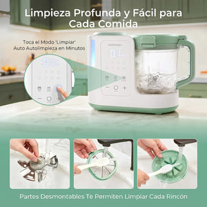 Limpieza profunda Momcozy AutoMeal — partes desmontables aptas para lavavajillas y ciclo automático de higiene