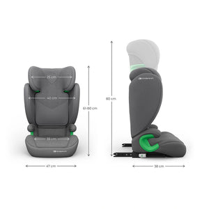 Silla de auto Butaca Junior Fix 2 Plus i-Size Kinderkraft color gris, ficha técnica con medidas: 47 cm de ancho, 61 a 80 cm de alto según la posición del reposacabezas y 38 cm de profundidad