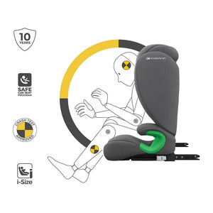 Silla de auto Butaca Junior Fix 2 Plus i-Size Kinderkraft color gris, ilustración de crash test con sellos de aprobación i-Size, Crash Test Approved y Safe Car Seat Program