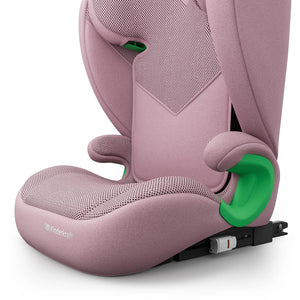 Silla de auto Butaca Junior Fix 2 Plus i-Size Kinderkraft color rosa, detalle del conector isofix verde y logo Kinderkraft en el lateral del asiento