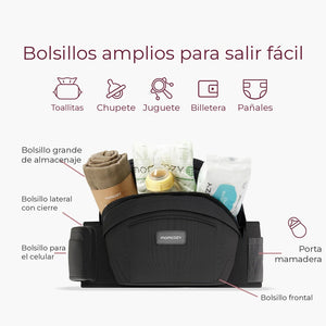 Bolsillos del asiento de cadera Wander360: grande, lateral con cierre, celular y portamamadera