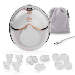 Extractor de leche inalámbrico Mamaflow Kinderkraft color dorado con todo lo que incluye: bridas, válvulas, membranas, cable USB-C y bolsa