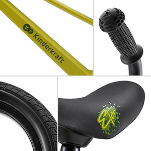 detalle de estéticos de diseño de la bicicleta de balance Eter de Kinderkraft color amarillo lima