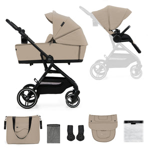 Coche cuna Yoxi 2 en 1 Kinderkraft color beige, collage con el coche armado y los accesorios incluidos: bolso para el manillar, red para la canasta, adaptadores para travel system y cubrepiés
