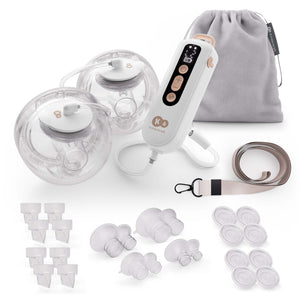 Extractor de leche doble Gentleflow Kinderkraft con todo lo que incluye: copas, unidad de control, bridas, membranas, válvulas, cordón y bolsa
