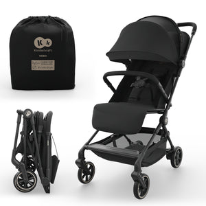 Coche de paseo de cabina Nebo Kinderkraft color negro, abierto junto a su bolsa de transporte y plegado