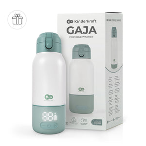 Caja del termo calentador de leche portátil Gaja Kinderkraft verde junto al producto