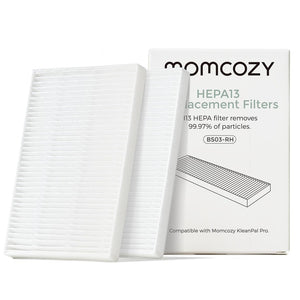 Pack de 2 filtros de aire HEPA13 de repuesto Momcozy junto a su caja, compatibles con el lavabiberones KleanPal Pro