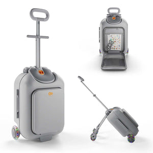 Maleta infantil 2 en 1 con asiento Cabby de Kinderkraft color Gris, vistas frontal, trasera y plegada