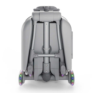 Maleta infantil 2 en 1 con asiento Cabby de Kinderkraft color Gris, vista trasera abierta mostrando el arnés interior y bolsillo