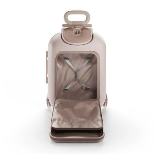 Maleta infantil 2 en 1 con asiento Cabby de Kinderkraft color Rosa, vista trasera abierta mostrando el arnés interior y bolsillo