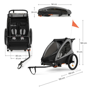 Ficha técnica del Nava Walk 2 en 1 Kinderkraft con las medidas del interior de los asientos y las dimensiones generales en modo remolque