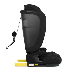 Silla de auto Combinada Fix2Go i-Size Kinderkraft color negro, vista lateral en posición reclinada con los conectores isofix amarillos extendidos y el gancho del Top Tether