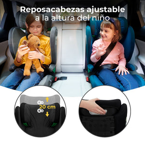 Dos niñas en asiento trasero de vehículo, ambas en Silla de auto Butaca JUNIOR FIX 2 i - Size color negro KinderKraft