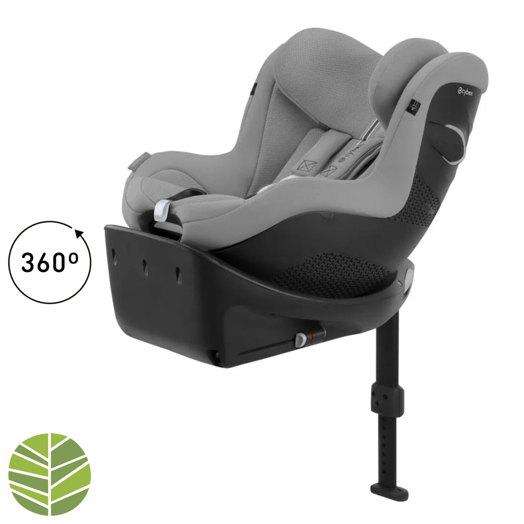 Silla de auto convertible Sirona Gi i-Size 360° color Stone Grey Plus - Vista lateral con icono 360° y sello ecológico