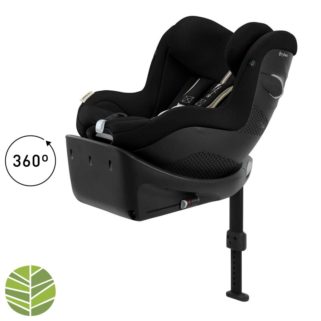 Silla de auto convertible Sirona Gi i-Size 360° color Moon Black Plus - Vista lateral con icono 360° y sello ecológico