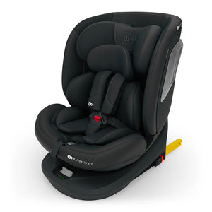 Silla de auto Kinderkraft I-GROW 2 PLUS en negro, vista de tres cuartos mostrando el arnés de 5 puntos, el reposacabezas y la base con anclaje Isofix