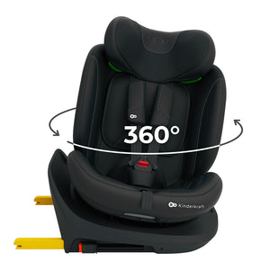 Silla de auto Kinderkraft I-GROW 2 PLUS en negro, vista en ángulo mostrando la base giratoria 360° con flechas indicando el giro y conectores Isofix amarillos