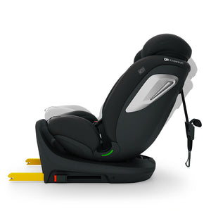 Vista lateral de la silla de auto Kinderkraft I-GROW 2 PLUS en negro, mostrando las 4 posiciones de reclinado y la correa Top Tether con gancho de anclaje