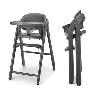 Silla de comer 3 en 1 Tino de Kinderkraft color Gris, vista frontal en ángulo y vista lateral plegada
