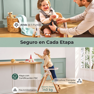 Papá abrochando el arnés de 5 puntas a una niña sonriente en la silla DinerPal Momcozy y niña de pie en la torre de aprendizaje, con indicaciones de haya certificada FSC, estructura triangular estable y soporte de hasta 140 kg