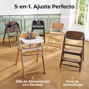 Cinco configuraciones de la silla evolutiva DinerPal Momcozy: silla de alimentación con bandeja, silla infantil con baby set, silla de comedor con arnés, silla de adulto y torre de aprendizaje