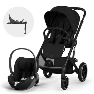 Travel System Balios S Lux 2026 de Cybex color Moon Black junto a la silla de auto nido Cloud T Comfort y su base Base T