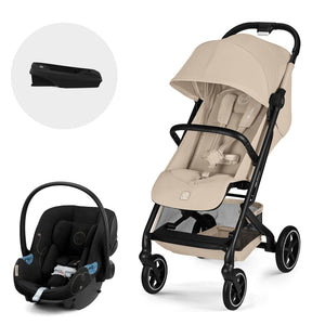 travel system beezy almond beige 2026 junto a silla de auto nido aton g de cybex y base g