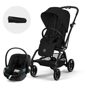 Coche de paseo Eezy S Twist Plus 2 2026 color Magic Black, vista frontal en ángulo + silla de auto nido aton G de cybex black y base G de cybex
