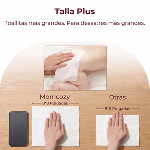 Toallitas húmedas Momcozy talla Plus de 20 x 20 cm limpiando la pierna de un bebé, comparadas con una toallita común más pequeña