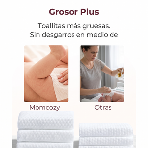 Comparación de grosor entre toallita húmeda gruesa Momcozy y una toallita delgada común durante el cambio de pañal de un bebé