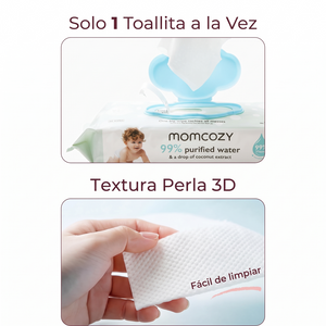 Paquete de toallitas húmedas Momcozy con tapa abatible que dispensa una toallita a la vez y detalle de su textura perlada 3D