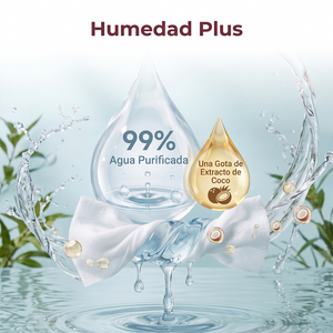 Toallita húmeda Momcozy girando entre salpicaduras de agua con gotas de 99% agua purificada y extracto de coco