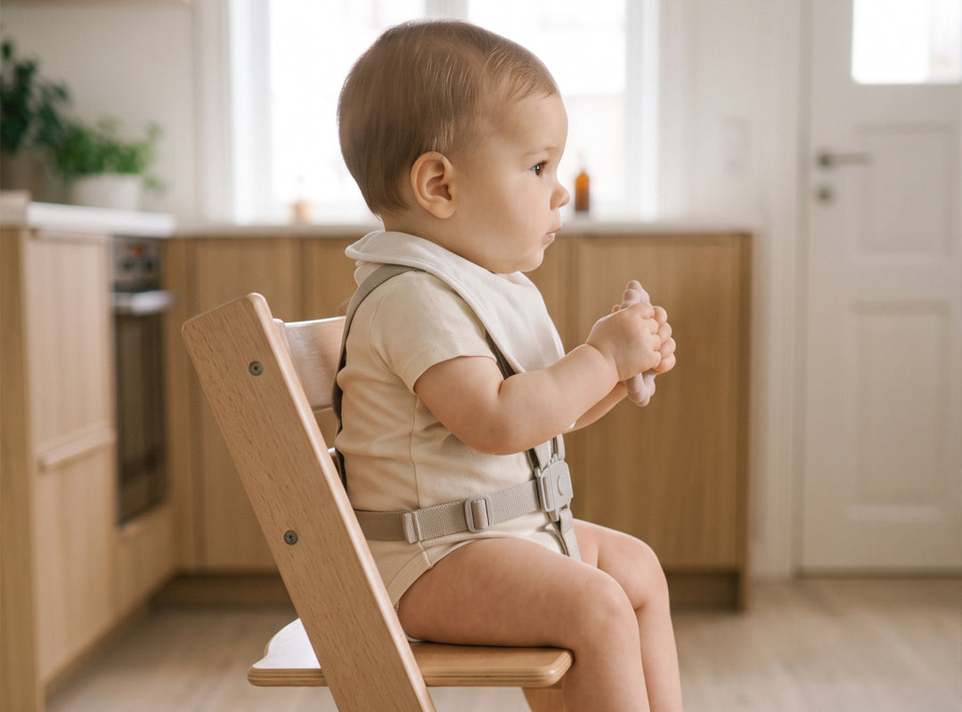Cómo elegir silla de comer para tu peque: silla de comer evolutiva de madera junto a la mesa familiar