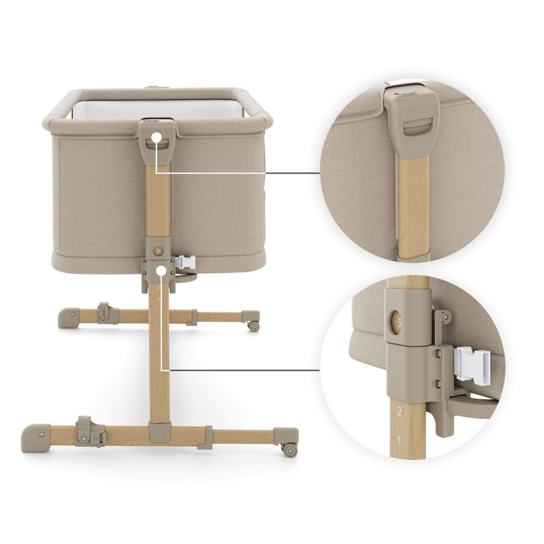 Detalle sistema de ajuste en 5 alturas cuna colecho Nestee Grow 2 Beige Wood