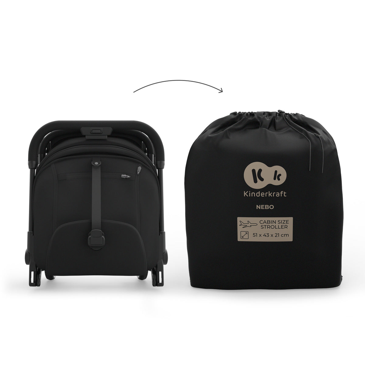 Coche de paseo de cabina Nebo Kinderkraft color negro plegado junto a su bolsa de transporte