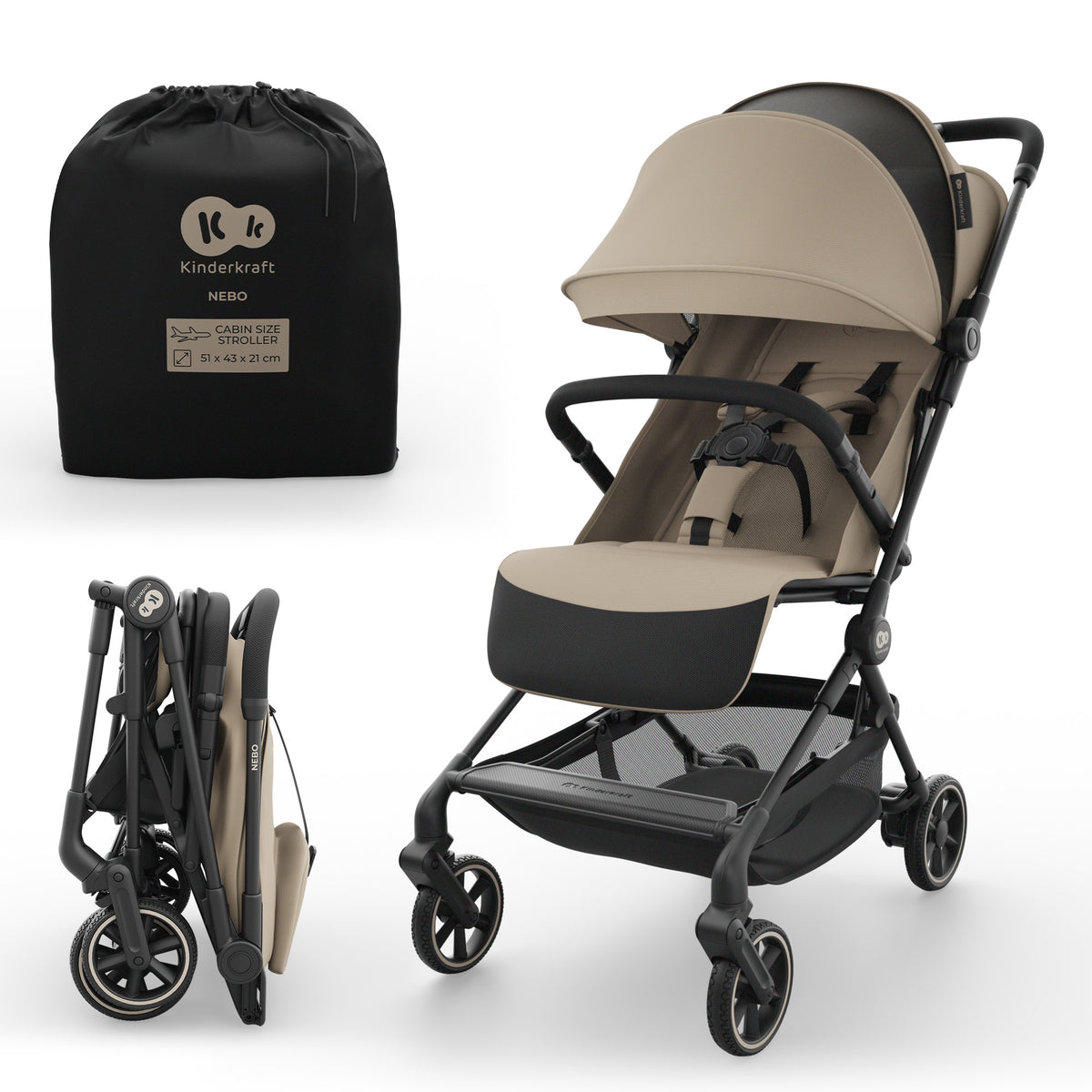 Coche de paseo de cabina Nebo Kinderkraft color beige, abierto junto a su bolsa de transporte y plegado