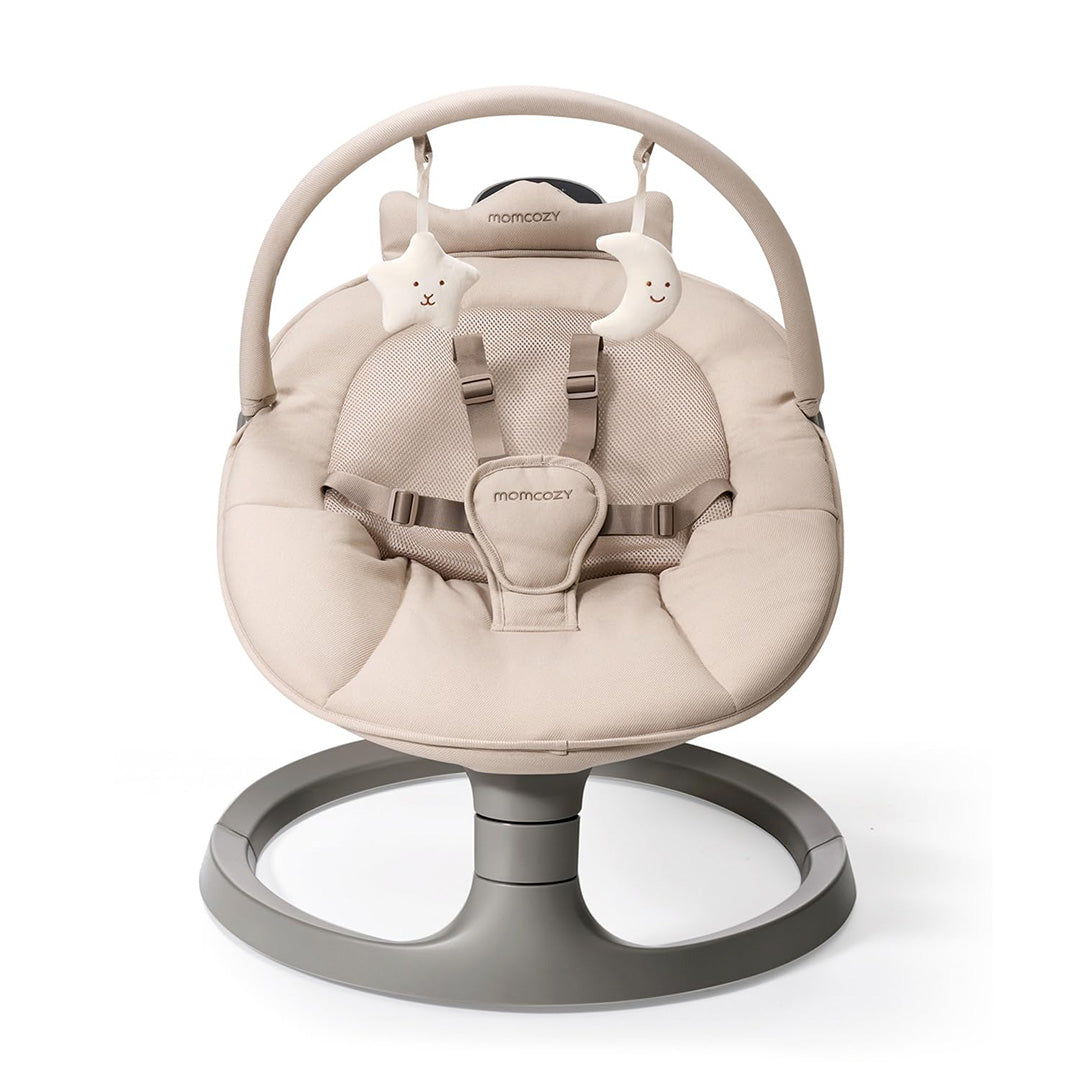Mecedora eléctrica Momcozy 2 en 1 para bebé, vista frontal, color beige
