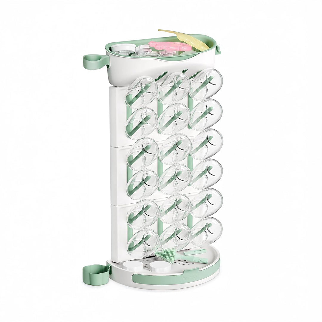 Escurridor de mamaderas Momcozy DIY para 18 mamaderas — torre modular blanco y verde con bandeja, portacepillos y accesorios incluidos