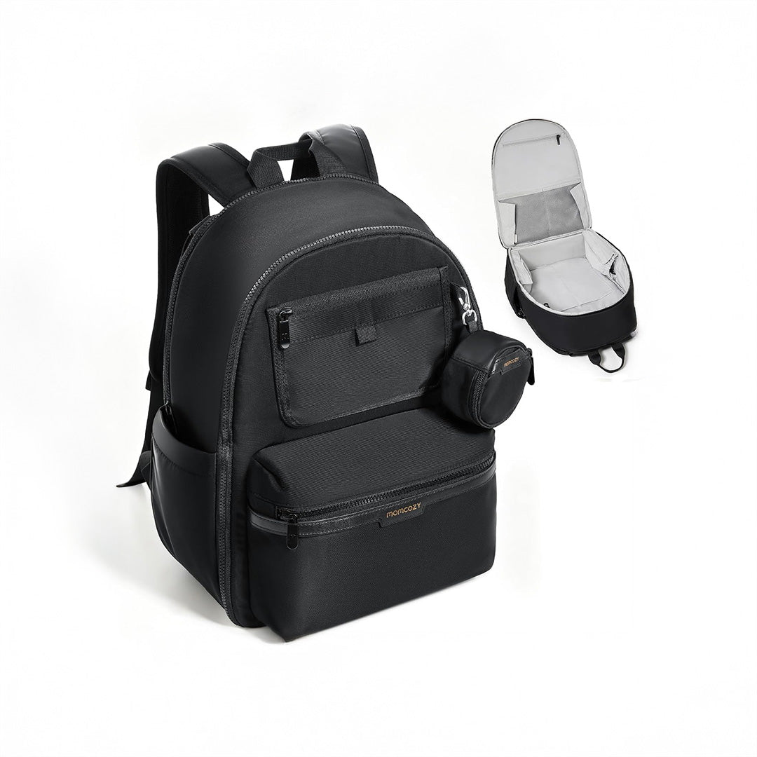 Mochila para pañales Momcozy Urban negra — vista principal cerrada y abierta con interior acolchado