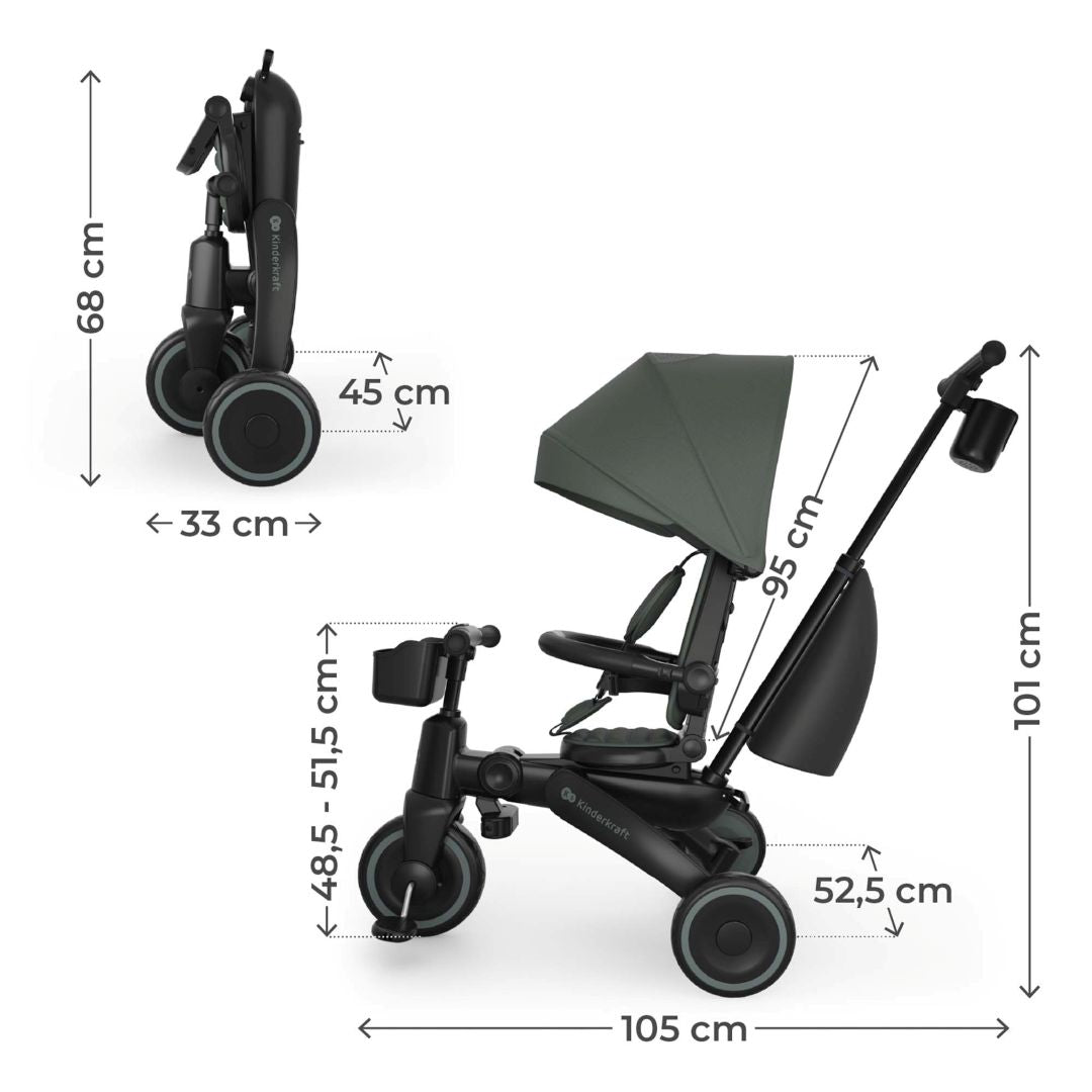 Triciclo Multifuncional  6 en 1 Jazz 3 green de kinderkraft medidas
