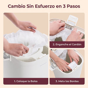 Cómo instalar bolsas de repuesto Momcozy en contenedor de pañales — 3 pasos: colocar, enganchar cordón y meter bordes
